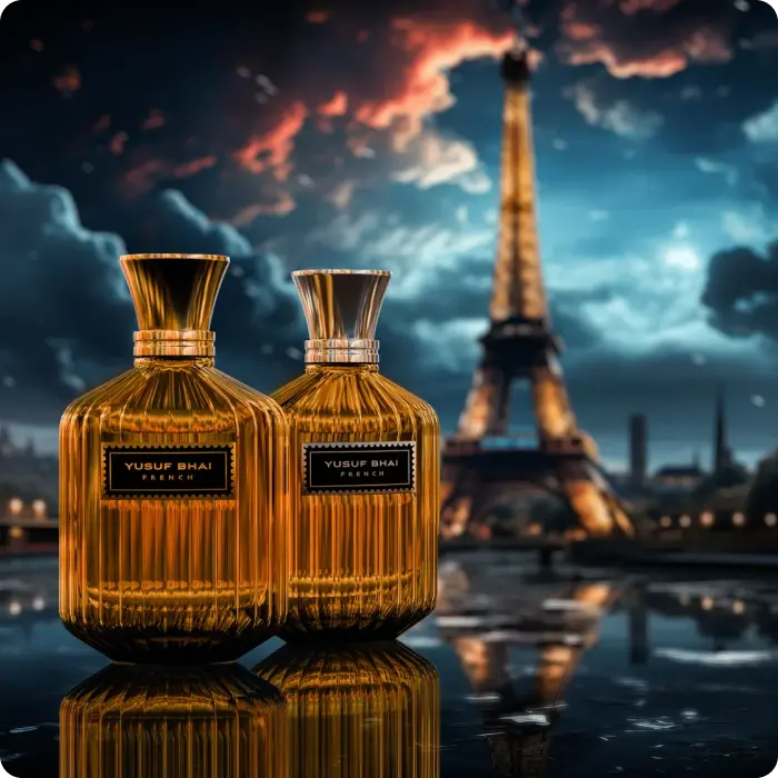 Two Yusuf Bhai perfume bottles against a dramatic Paris skyline